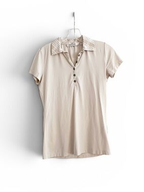 Bugatchi Golf Polo Shirt Top Cream Tan Plaid Short Sleeve Shirt SMALL Summer